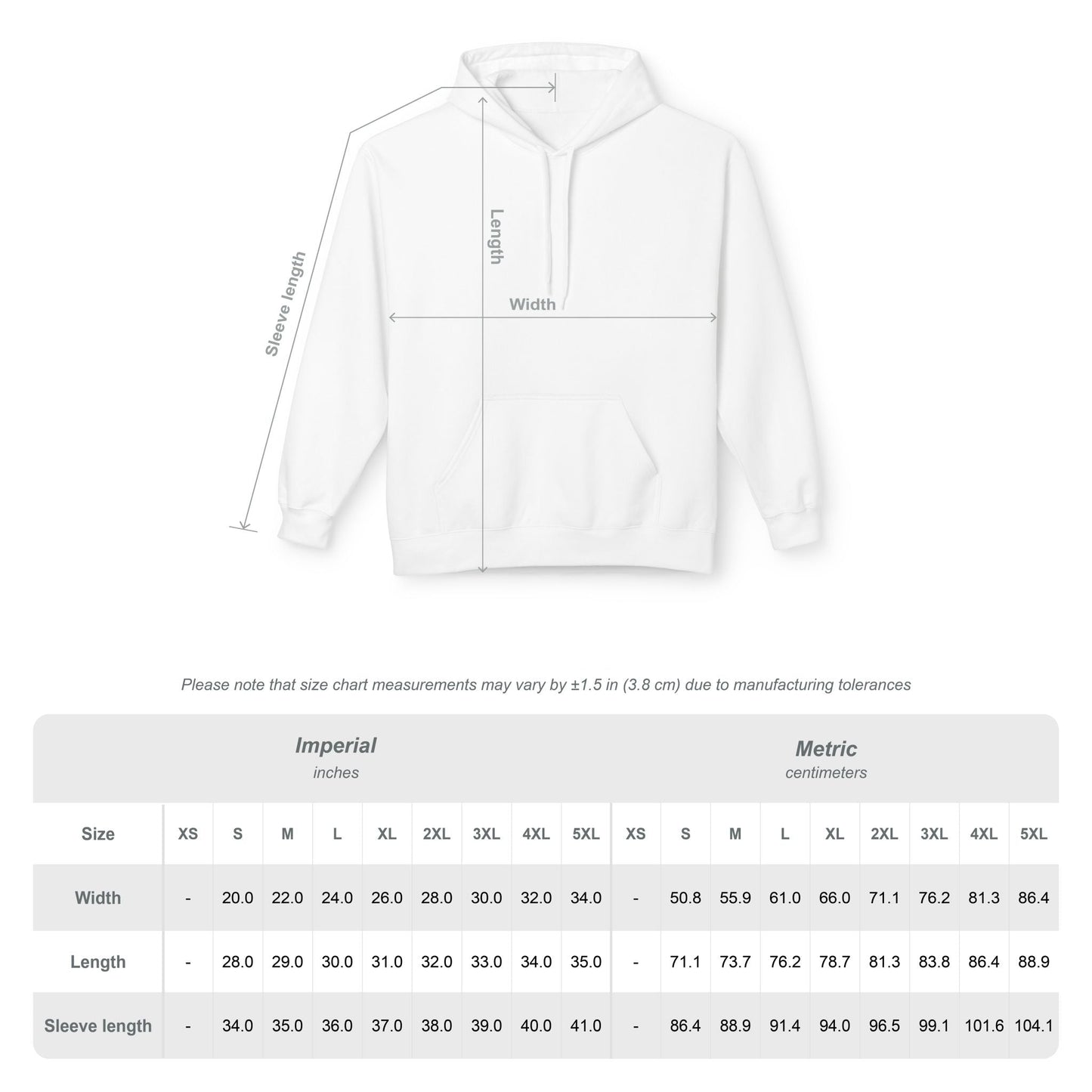 White hoodie with measurement chart on a white background